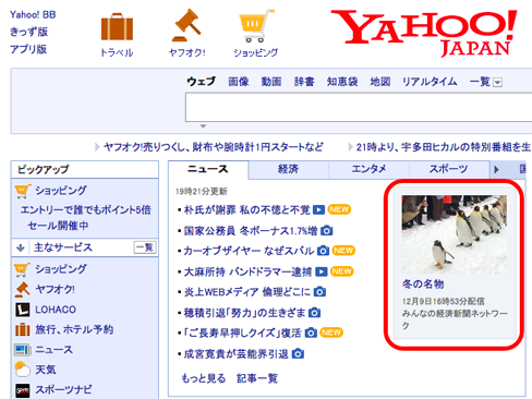 Yahoo!JAPAN TOPページに掲載された「ペンギンの散歩」の写真